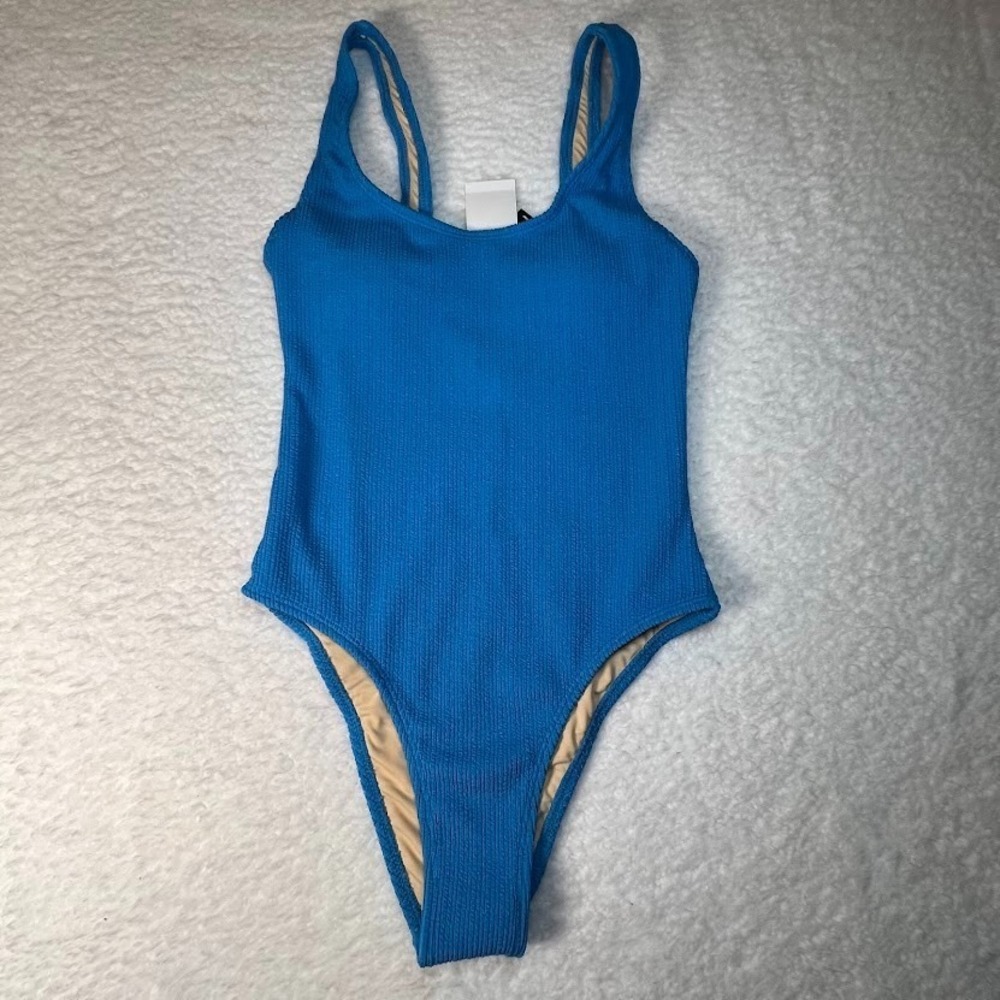 Cotton On Women's Scoop Back One-Piece Cheeky Swimsuit, Blue Crinkle, XS, New